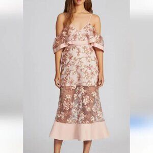 Like New Venus Floral Embroidered Champagne Dress w/Sheer Overlay Sz. 14